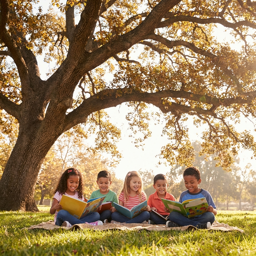 Happy children reading under a large tree